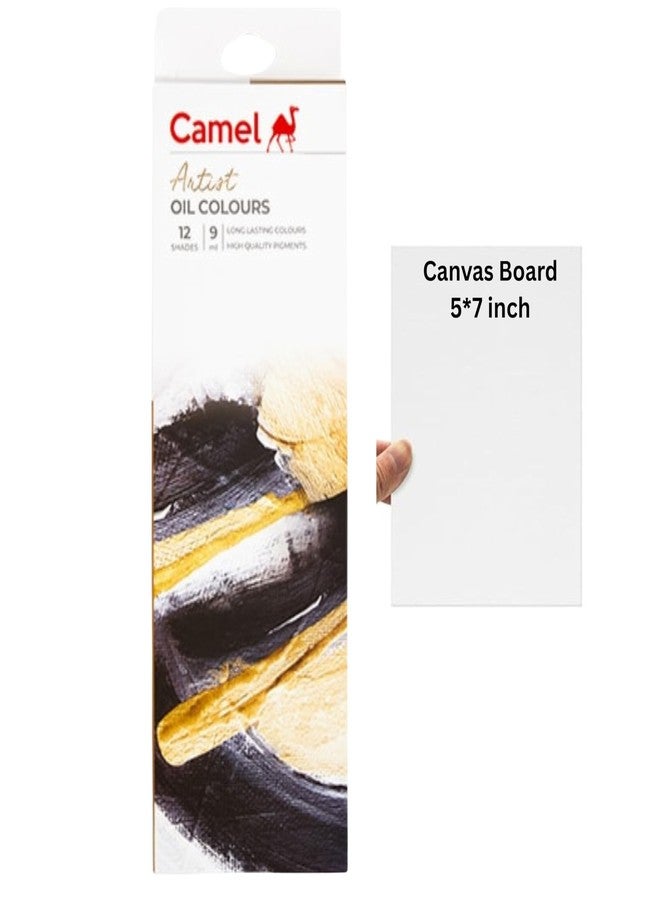 Camel Camlin Kokuyo Artist Oil Colours Set, 12 Shades Each 9ml, Non-Toxic, Canvas Board 5x7 inch, AOC129